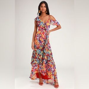 Radiant ruby red floral print chiffon maxi dress